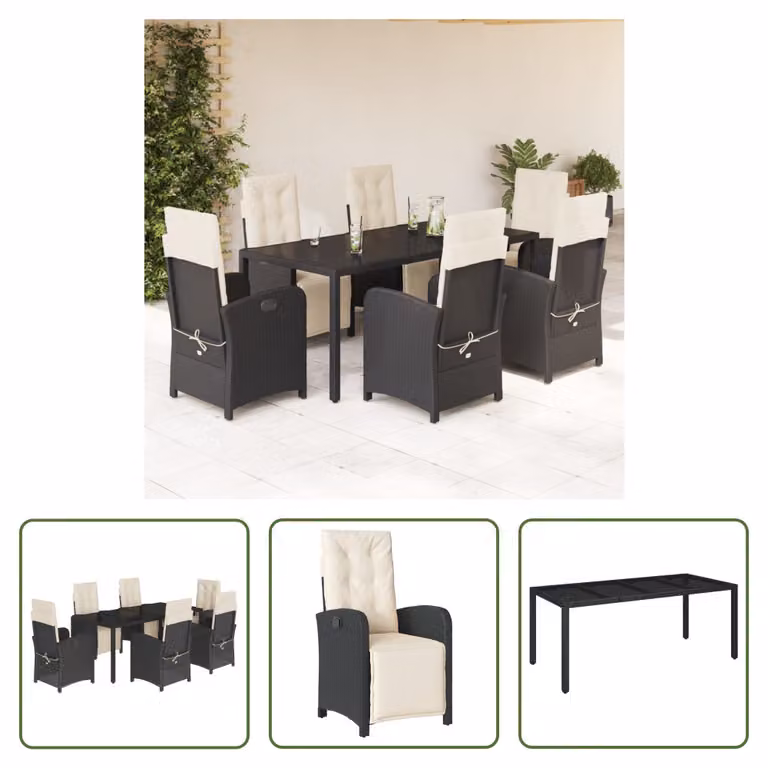 The Living Store Set da pranzo da giardino 7 pezzi con cuscini in polirattan nero