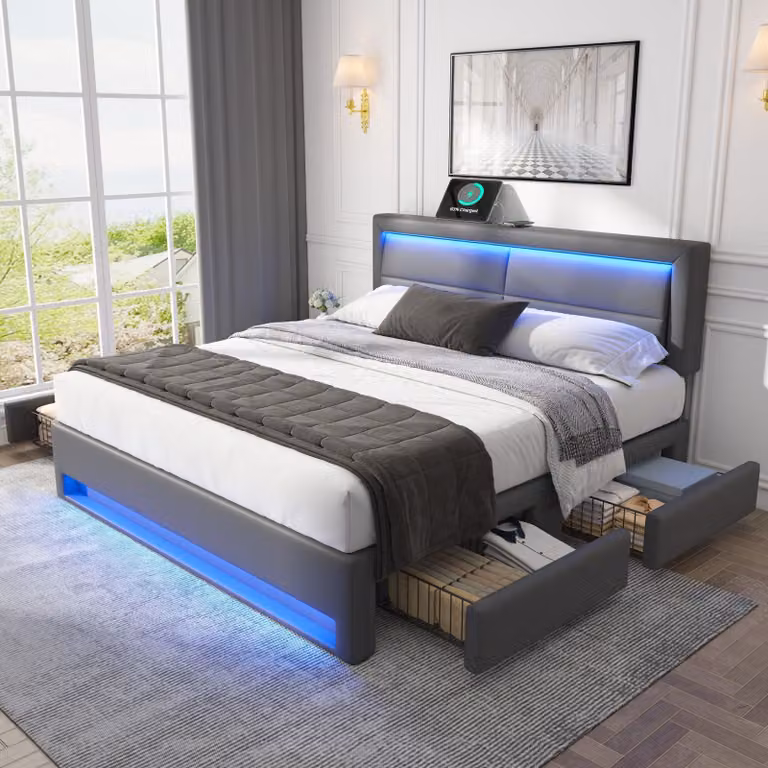 Letto imbottito MODFU Funzionale 140 x 190 cm con porta di ricarica USB (supporta la ricarica wireless e cablata), letto matrimoniale con contenitore e illuminazione a LED,Poliuretanogrigio (senza materasso)