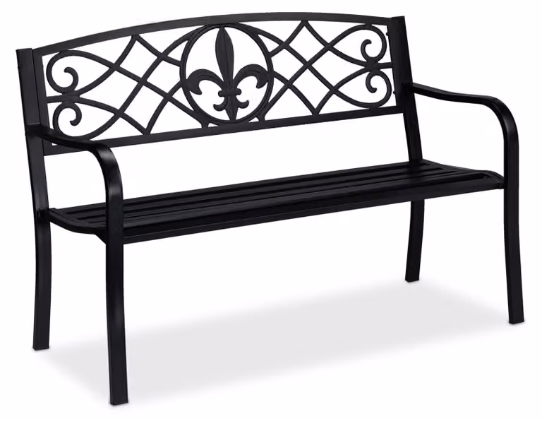 Panchina da giardino Relaxdays, motivo Fleur de Lis, a due posti, in acciaio, per giardino e terrazza, A x L x P: 86 x 127 x 60 cm, nera