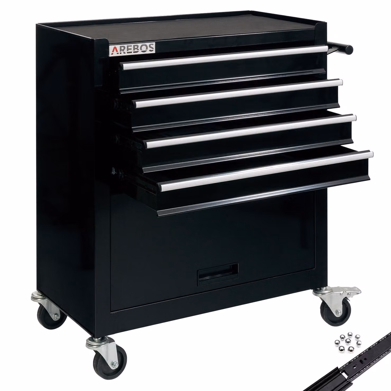 Carrello da officina AREBOS 4 scomparti + scomparto grande nero | tappetini antiscivolo e ruote