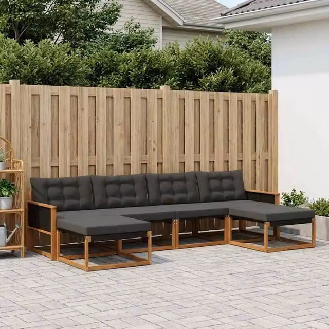 Set di divani da esterno a L con ottoman vidaXL in legno di acacia e textilene, marrone e nero – 1