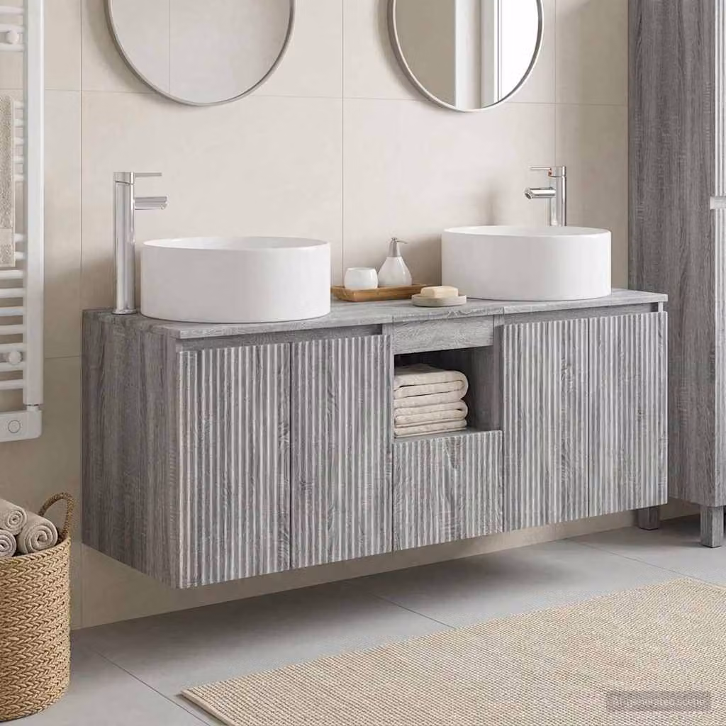 Set di 3 mobili da bagno moderni vidaXL in legno grigio con vanità e pensili, L: 49,5 cm, P: 44,5 cm, H: 65,5 cm