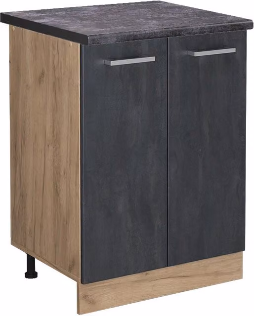 Mobiletto base cucina Vicco R-Line in finitura nera opaca e rovere con piano antracite, L: 60 cm