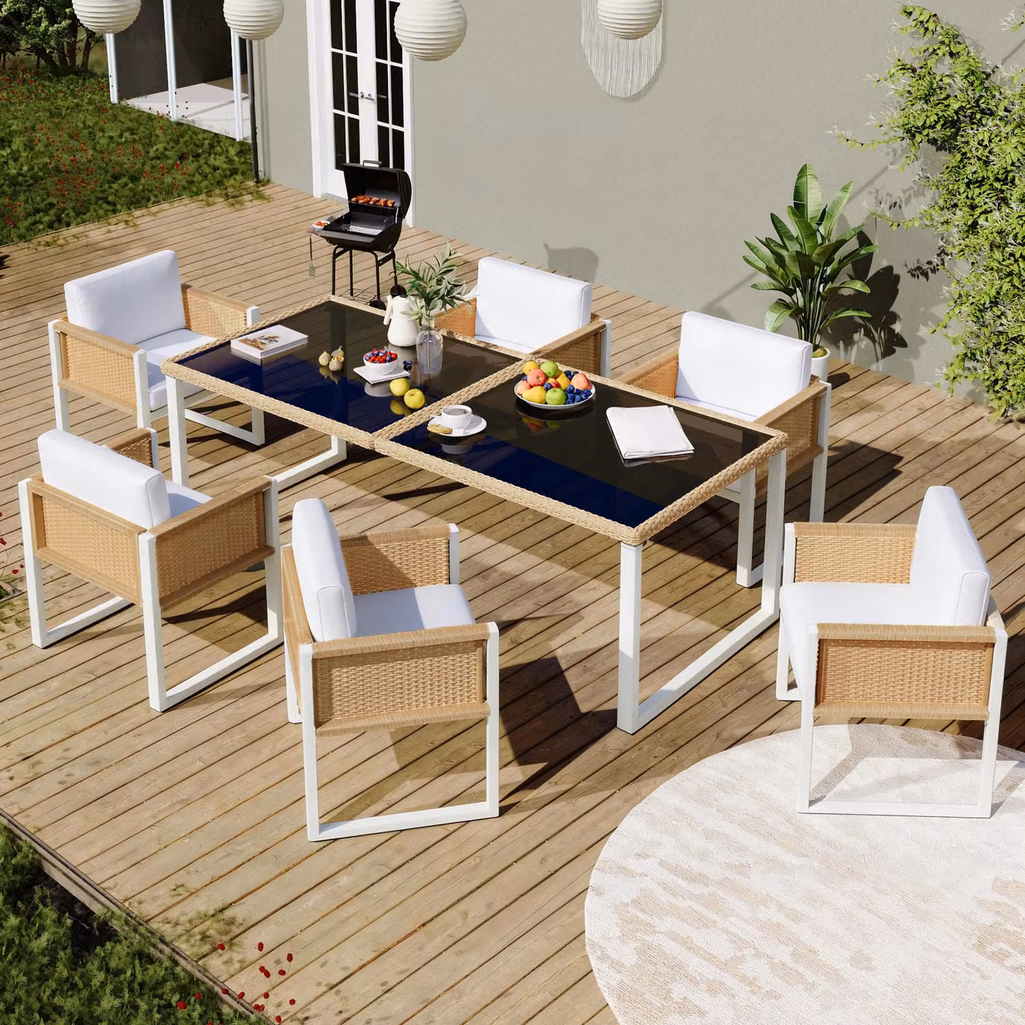 Set da pranzo per esterni STILVORA, composto da tavolo e sei sedie, ideale per 6 persone. Set di mobili da giardino con rivestimenti in tessuto removibili e lavabili. Mobili da giardino in rattan sintetico