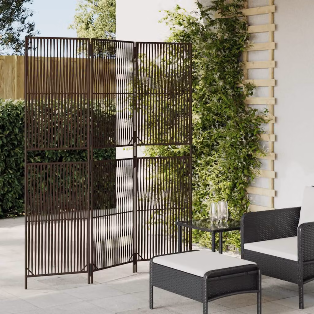 Divisorio per Ambienti vidaXL a 3 Pannelli in Polyrattan e Metallo, Marrone, H: 180 cm, L: 147 cm