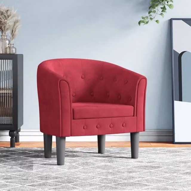 Divano Sedia-Poltrona Cabriolet Rosso Vino in Velluto con Struttura in Legno e Schienale a Tubo