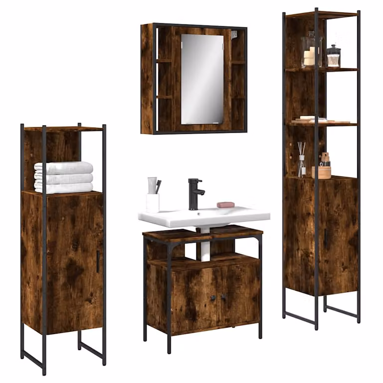 Set di mobili da bagno 4 pezzi vidaXL in stile industriale color marrone con armadietto specchio, mobile lavabo, colonna alta e mobile laterale in legno e metallo