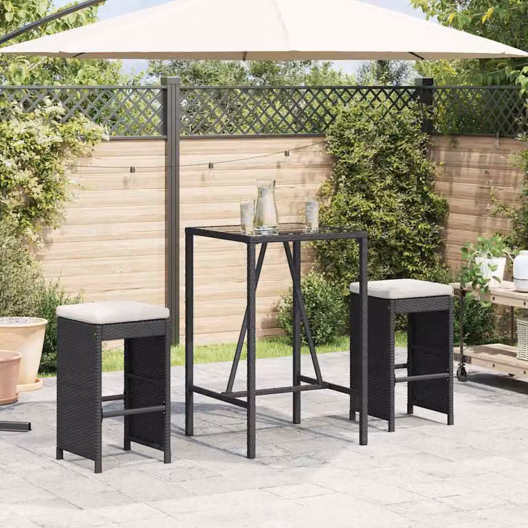 Set di 2 sgabelli da bar vidaXL in polyrattan nero con cuscini per giardino e moderno design
