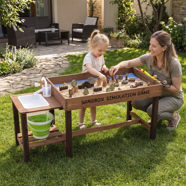Sabbiera e tavolo acqua in legno Costway marrone con pompa e lavello per bambini dai 3 anni in su