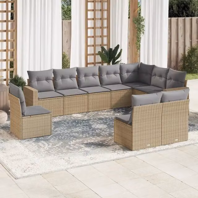 Set Divano da Giardino VIDAXL a Forma a U in Polyrattan con Cuscini Beige, 10 Pezzi