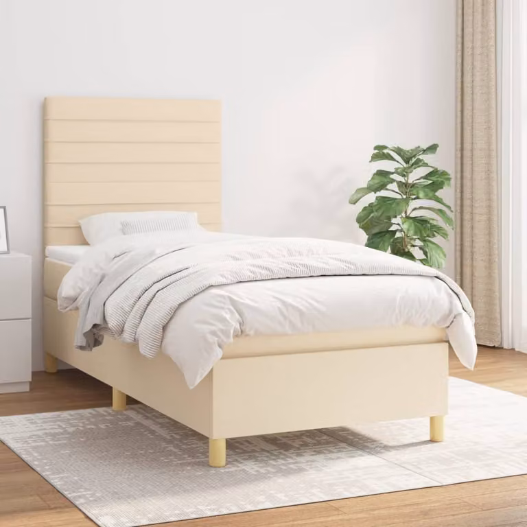 vidaXL Letto con Giroletto a Molle e Materasso Ibrido in Tessuto Beige e Bianco L/P/H: 200 x 80 x 128 cm