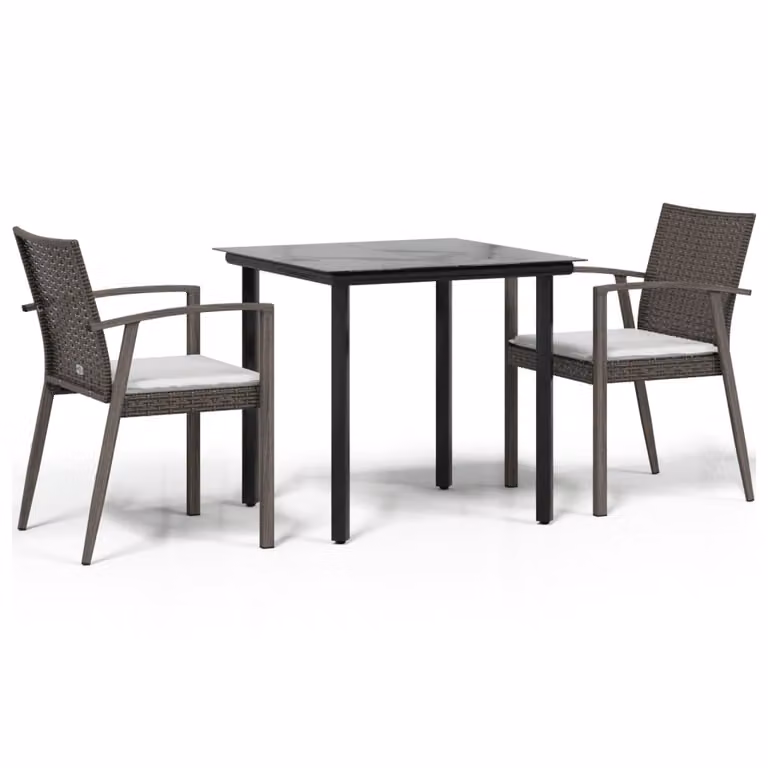 Set Pranzo da Giardino 3pz con Cuscini in Polyrattan e Acciaio