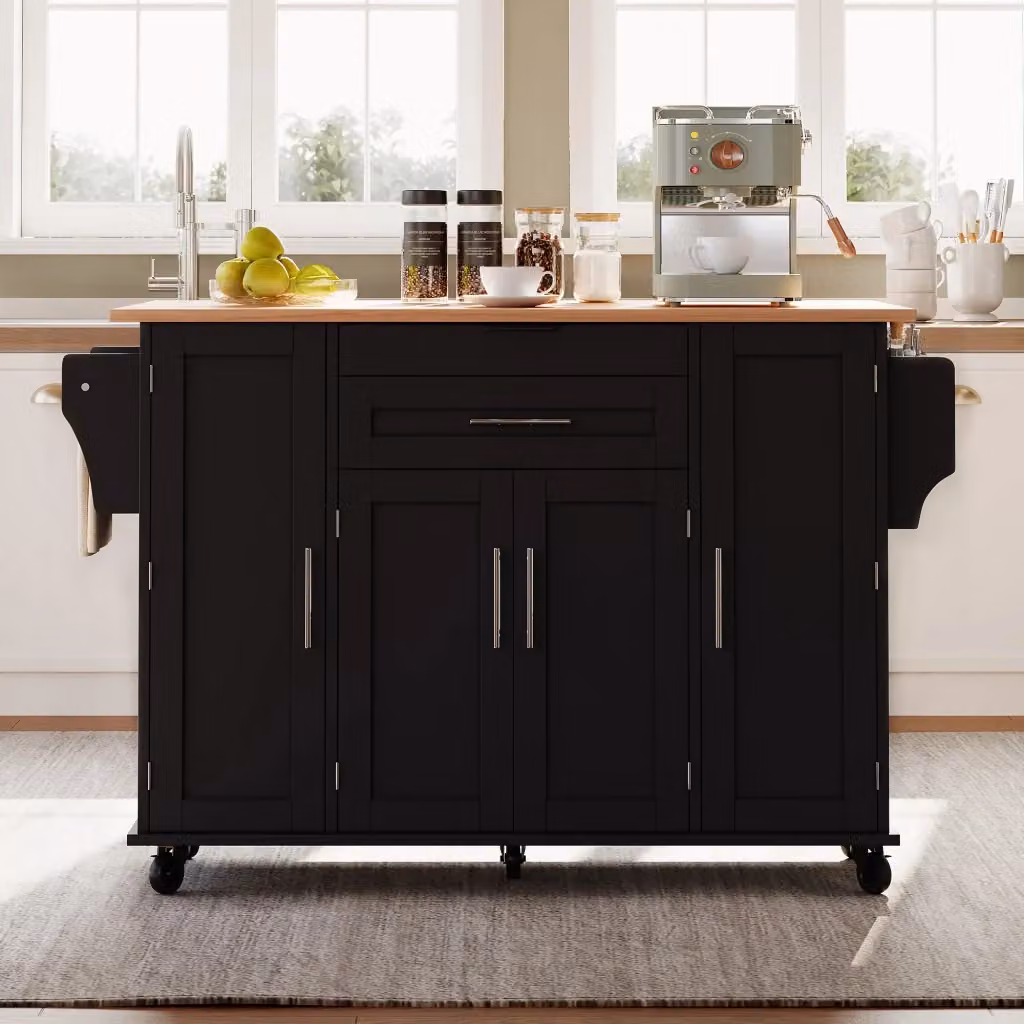 Carrello isola da cucina moderno REDOM in MDF, Nero e Beige, L: 136 cm, P: 70 cm, H: 92 cm – 2