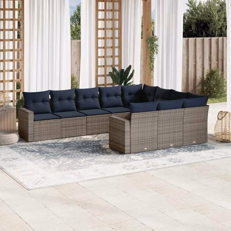 Set di Divani da Giardino vidaXL 10 Pezzi a Forma di L con Cuscini Blu e Grigio in Polyrattan e Acciaio