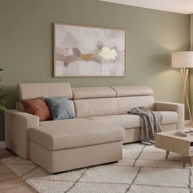 Alibabah Divano Letto Moderno con Penisola e Poggiatesta Regolabile, Made in Italy, Beige, L/P/H: 280 x 95 x 102 cm