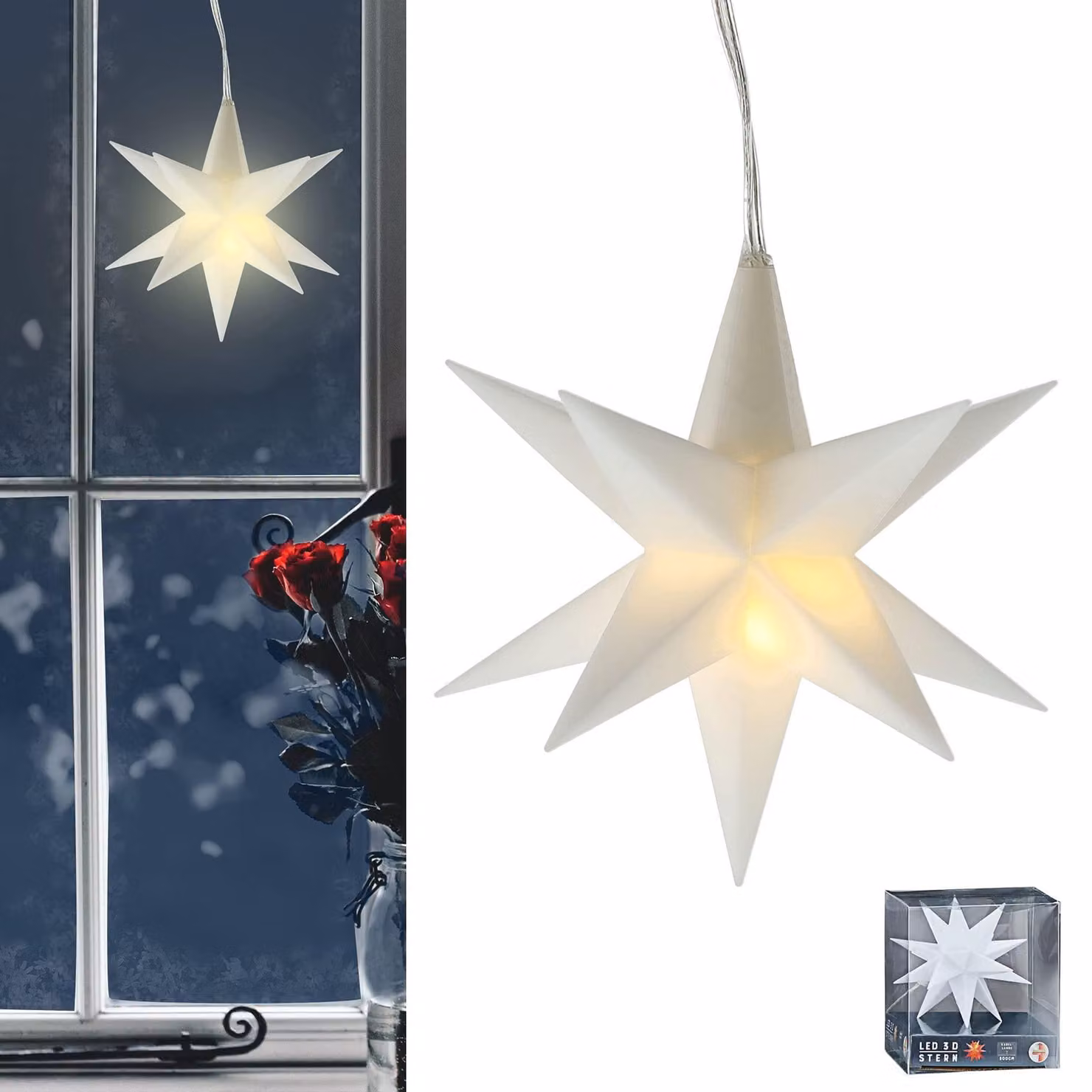 Stella di Natale LED tridimensionale, 12 punte, diametro 11 cm, con timer, luce bianco caldo