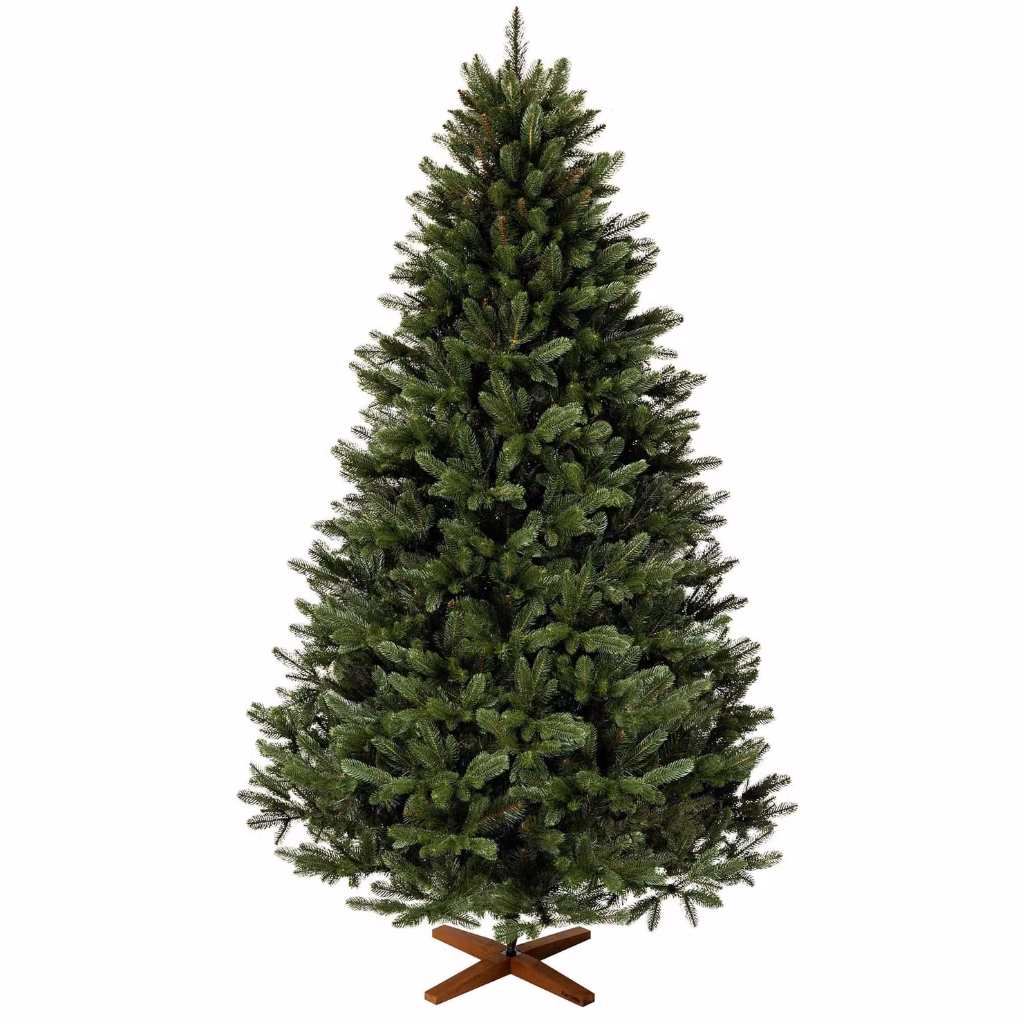 Albero FAIRYTREES Nordman Premium 120 cm, realizzato nell'UE. Albero di Natale artificiale formato da due materiali diversi, con supporto in frassino fatto a mano, tronco marrone.