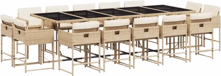 Set da Pranzo da Giardino 15 pz con Cuscini Beige in Polyrattan