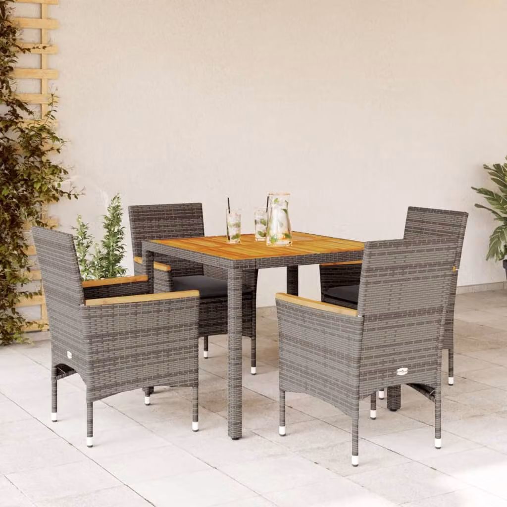Set Pranzo da Giardino vidaXL in Polyrattan e Legno di Acacia con 5 Cuscini Grigio – 1