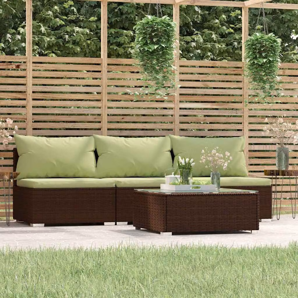 Set Mobili da Giardino vidaXL 4 Pezzi in Polyrattan Marrone e Verde con Cuscini e Tavolino da Caffè per Terrazza e Giardino