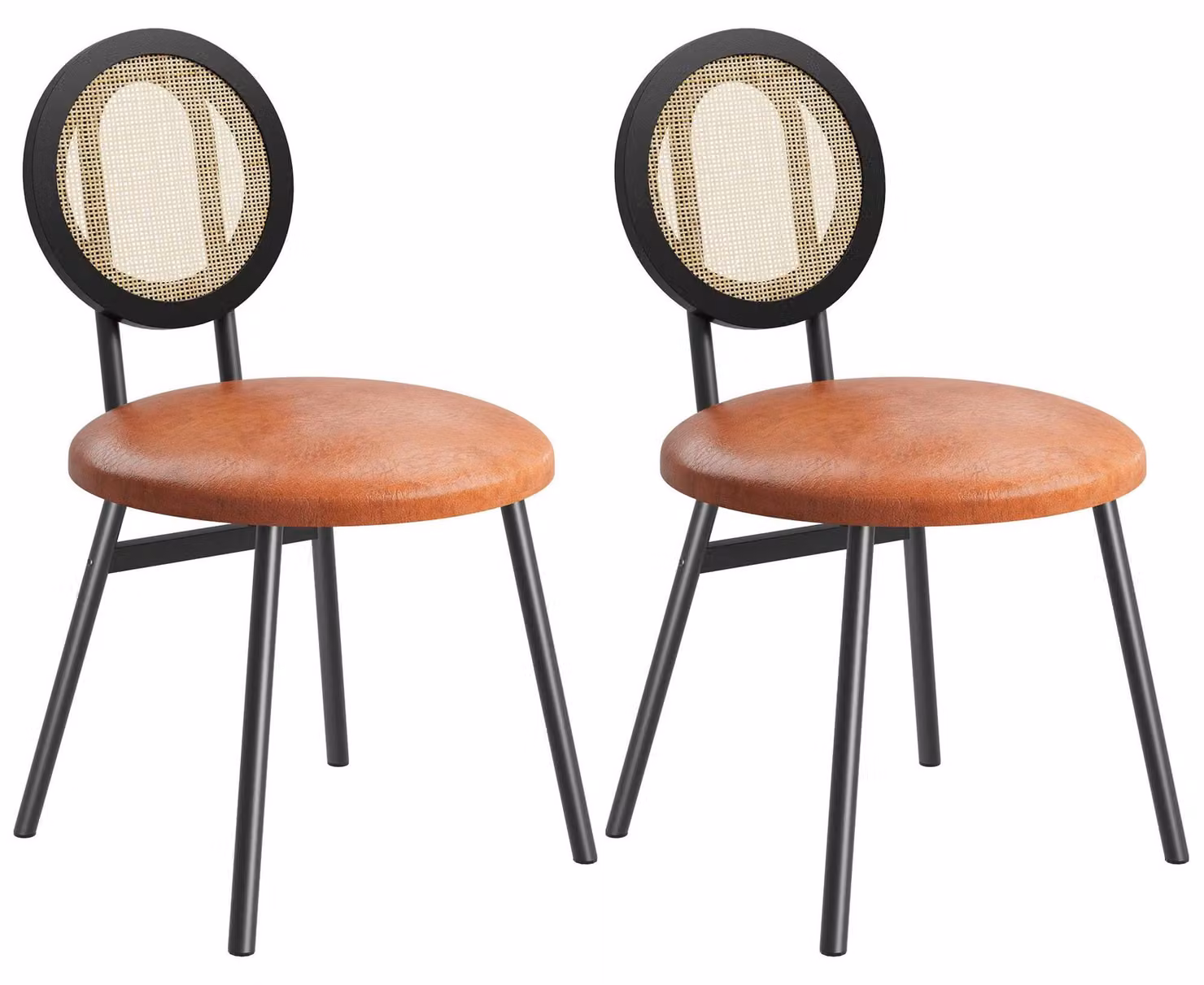 Set di 2 sedie da pranzo in rattan - Sedie da cucina - Schienale rotondo, rivestimento in ecopelle, imbottite, struttura in metallo, senza braccioli - Colore marrone