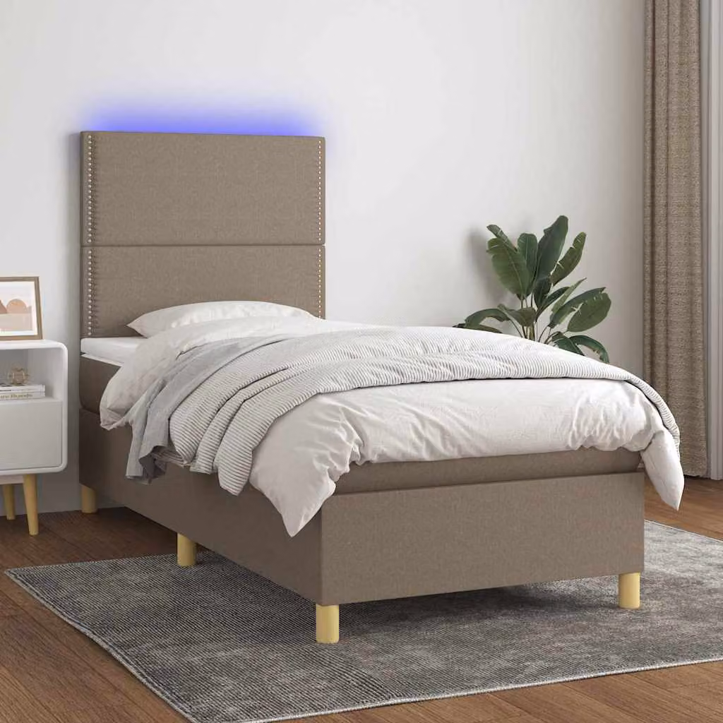 Letto a Molle con Materasso e Illuminazione LED vidaXL, Tessuto Tortora, L/P/H: 90 x 190 cm – 1