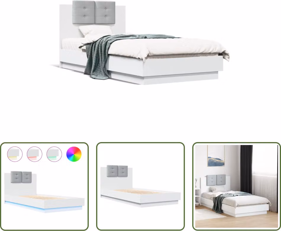 The Living Store Struttura letto con testiera e luci LED bianche 90x190 cm