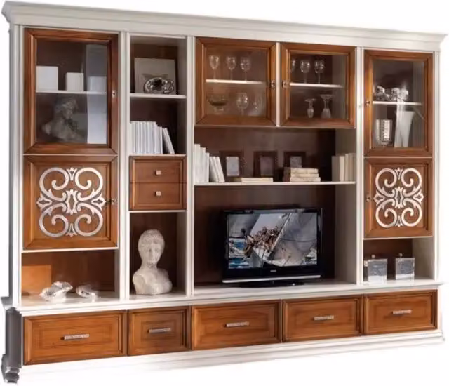 Parete attrezzata classica Mobili 2G in legno bianco noce con dettagli argento L: 328 cm, P: 55 cm, H: 245 cm – 5