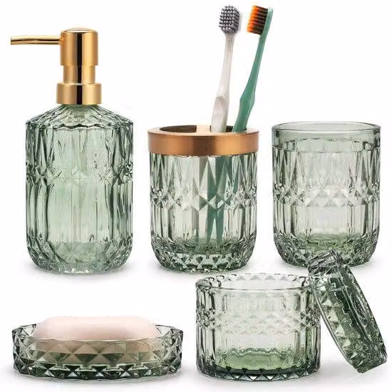 Accessori da bagno in vetro, set da 5 pezzi, colore verde