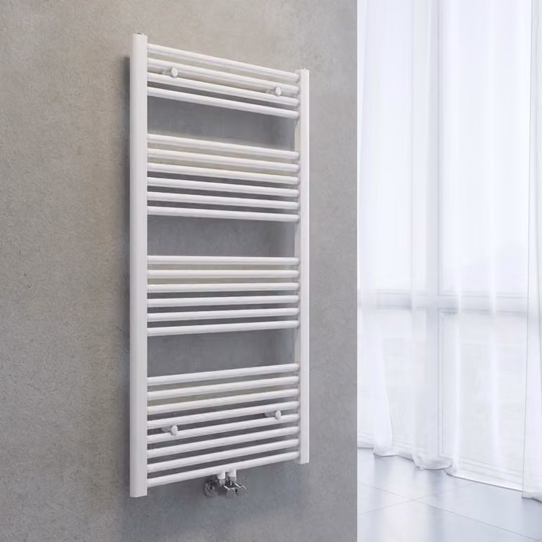 Radiatore asciuga-asciugamani SONNI, dimensioni 1200 x 600 mm, colore bianco, sistema di riscaldamento ad acqua calda, senza resistenza elettrica