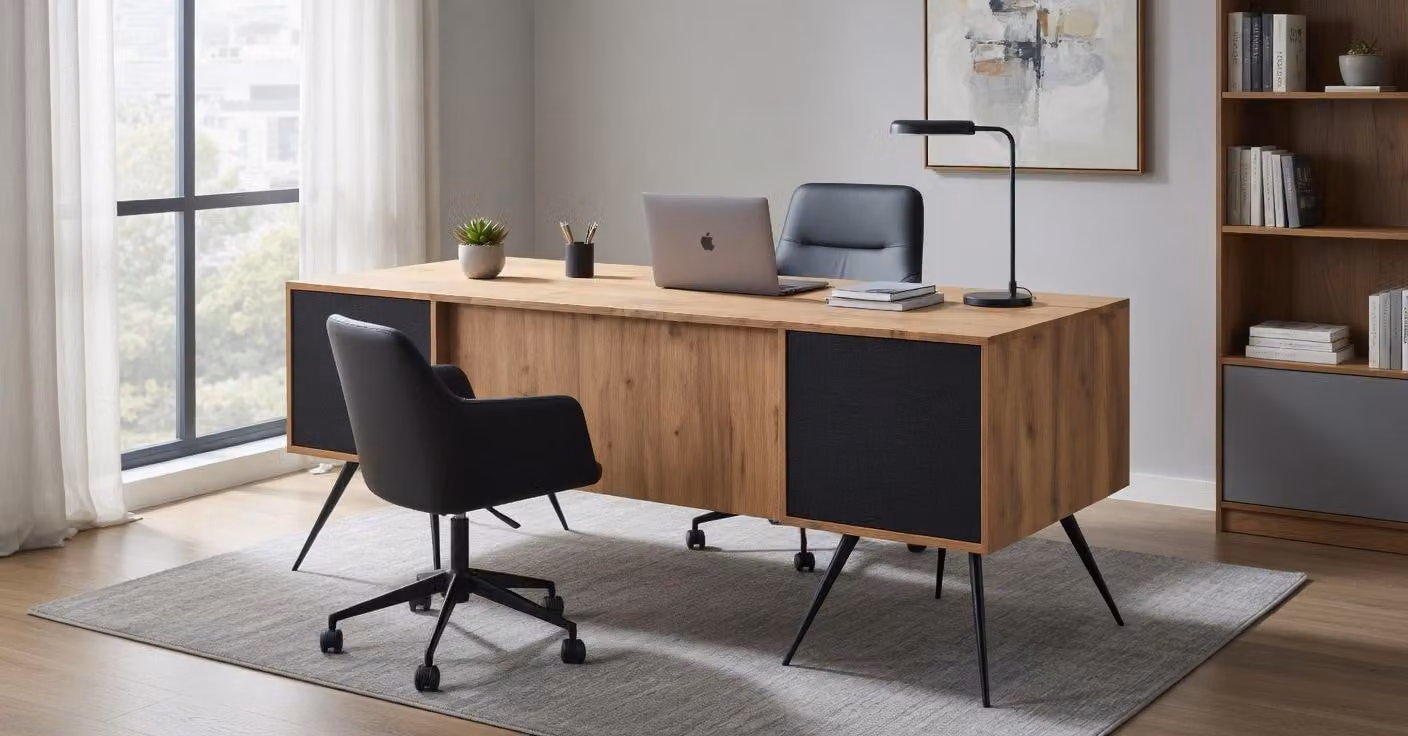 Scrivania di design in legno beige con gambe in metallo, in stile moderno