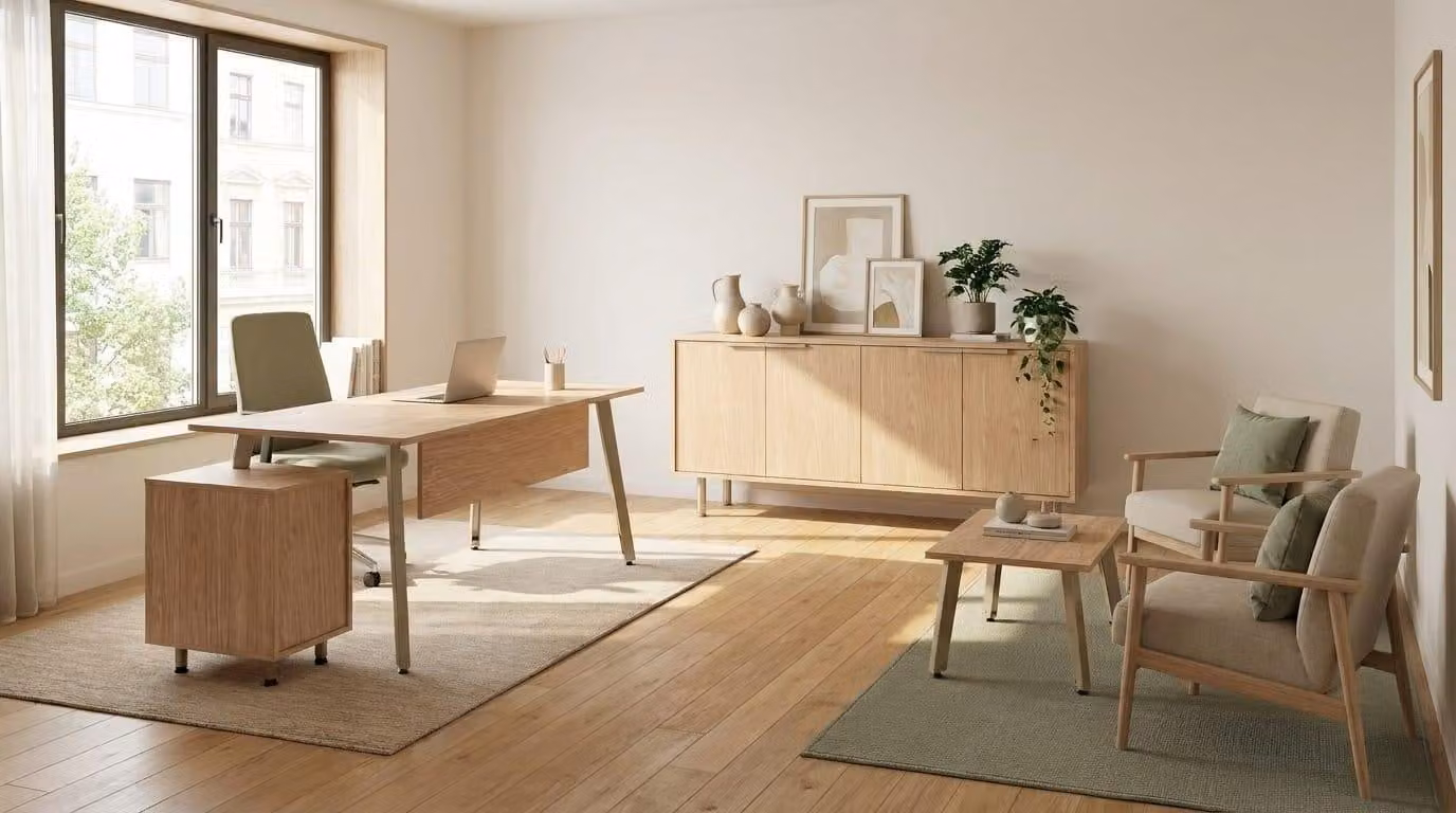 Set da ufficio moderno con scrivania marrone, mobile contenitore laterale e elementi d'arredo di design