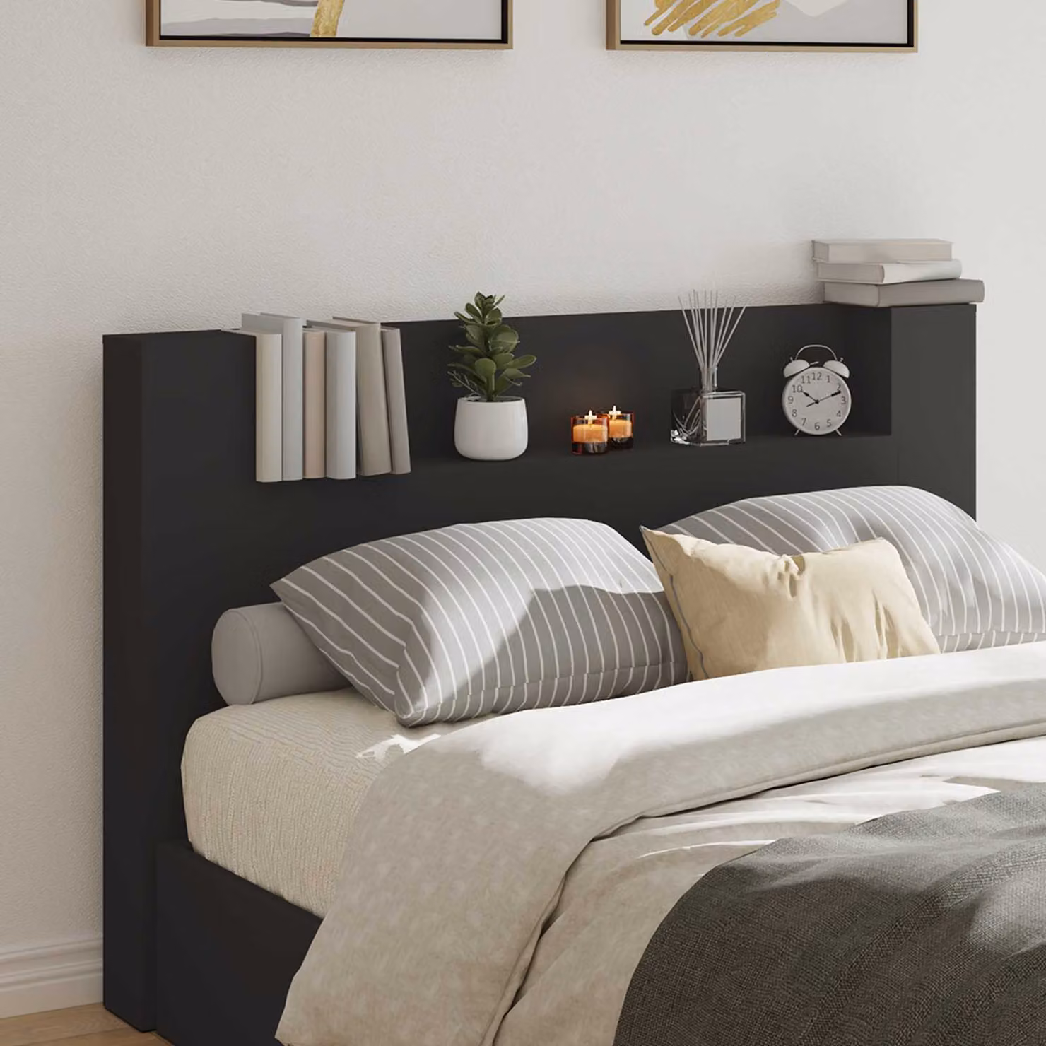 Testiera con stoccaggio vidaXL in legno ingegnerizzato nero con illuminazione LED e porta USB L: 160 cm, H: 103,5 cm, P: 23,3 cm