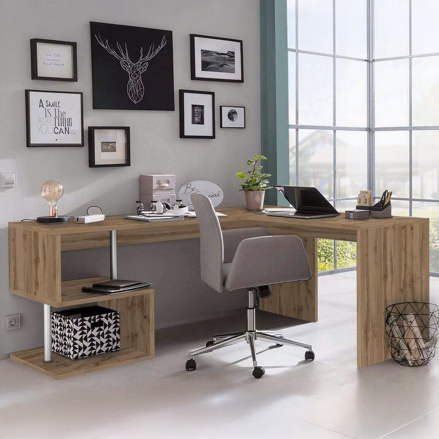 Dmora Scrivania Annibi 60x160x78h cm Marrone Rovere, Angolare Modulabile Italy