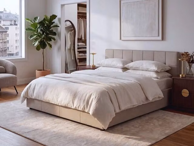 Letto con rete rivestito in tessuto tortora con contenitore 160 x 200 cm design moderno