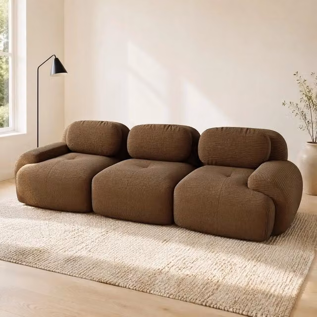 Divano angolare modulare senza telaio in velluto a coste; 298x103x70 cm; marrone
