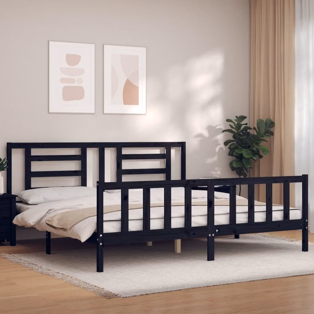 The Living Store Letto in legno massiccio con testiera nera 200x200 cm
