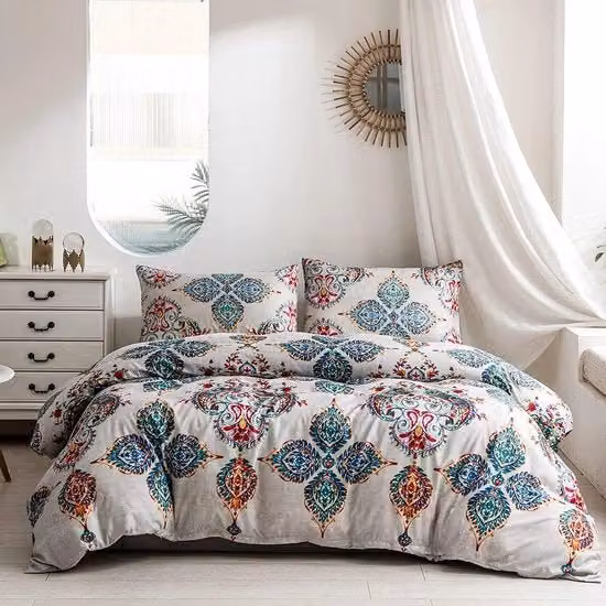 Set di coperte da letto completo 3 pezzi in microfibra con motivo mandala bohemiano azzurro turchese L 220 cm x P 240 cm