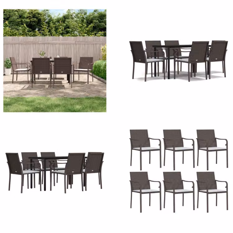 vidaXL Set da pranzo da giardino 7 pezzi con cuscini in polirattan e acciaio - Set da pranzo da giardino - Set da pranzo da giardino - Set da pranzo da esterno