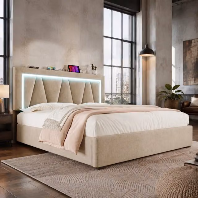 Letto imbottito matrimoniale 160x200 con lampada LED, ricarica USB Tipo C e vano contenitore, struttura in lino grigio/beige