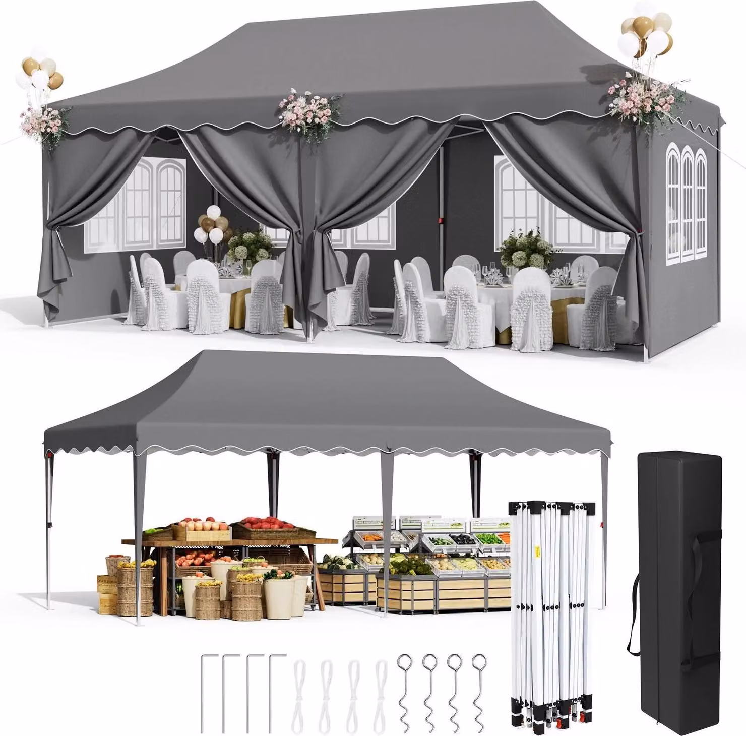Gazebo pieghevole/tenda per feste - Pop Up 3 x 6 m - 420D Oxford, rivestimento inPoliuretano- Impermeabile - Protezione UV 50+ - Telaio in acciaio - 6 pannelli laterali e 12 picchetti - Grigio