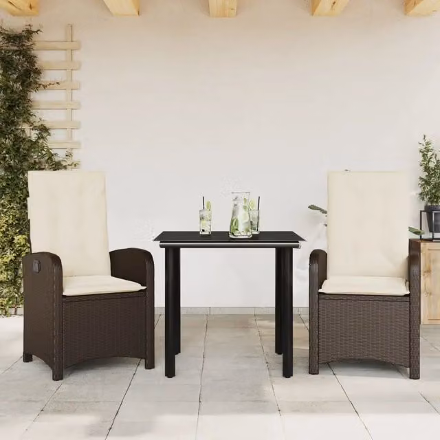 Set da pranzo da giardino moderno vidaXL in polyrattan marrone con tavolo in vetro e 3 pezzi