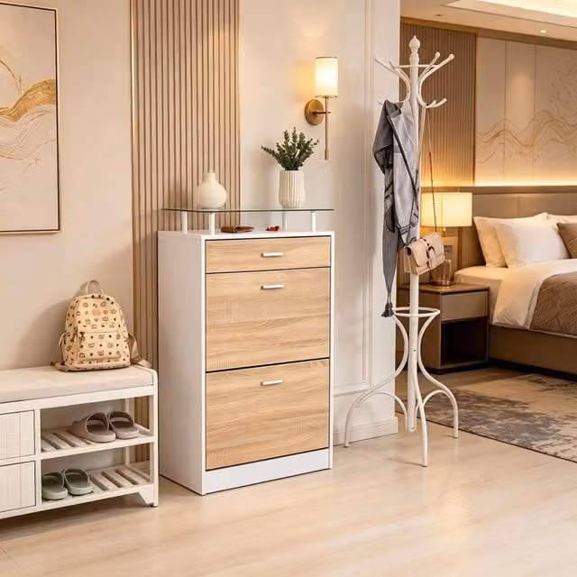 Scarpiera 60x24x105.5 cm con 2 ante a ribalta e ripiano in vetro in truciolare bianco e rovere chiaro