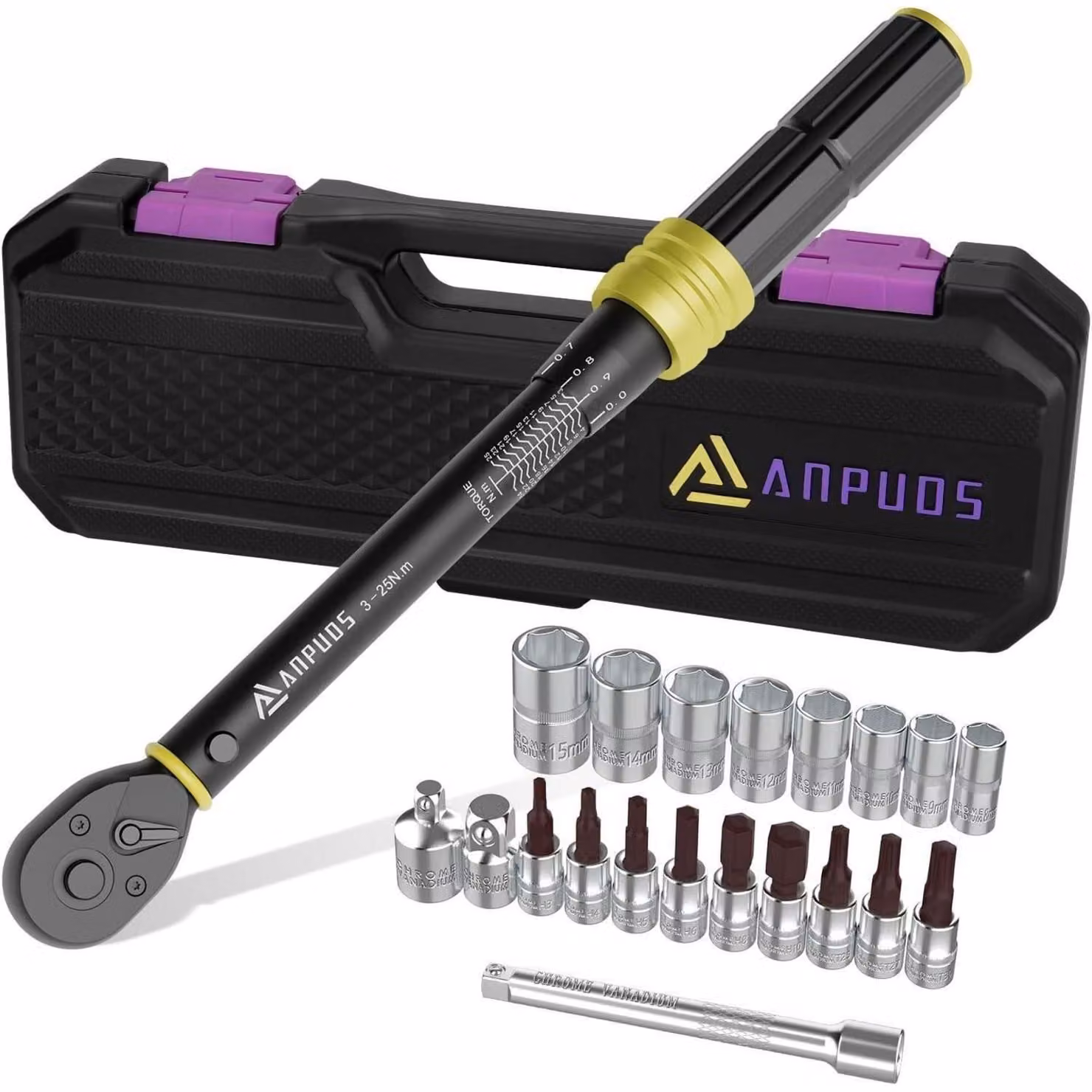 Set di chiavi dinamometriche da 1/4", 3-25 Nm, composto da 21 pezzi, per la manutenzione di biciclette e motociclette