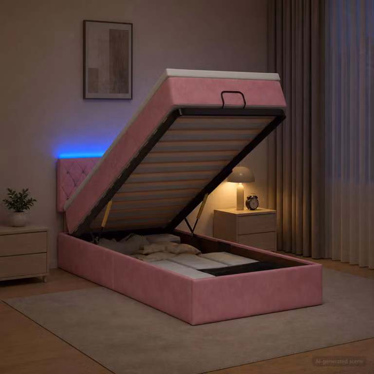 Letto Ottomano vidaXL con Materasso e LED in Velluto Rosa, L/P/H: 190 x 90 x 88 cm