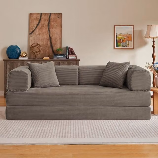 Divano letto ¨C Minimal ¨C Tessuto grigio, struttura in acciaio, con 2 cuscini