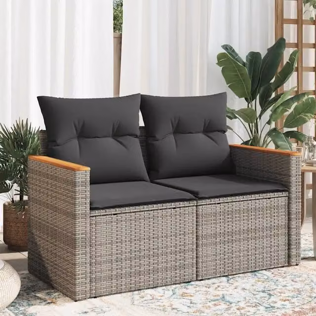Divano da giardino a 2 posti vidaXL in polyrattan grigio con cuscini imbottiti e coperture rimovibili
