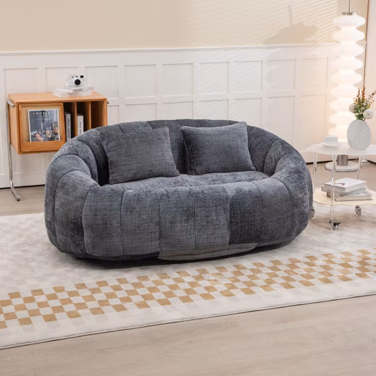 STILVORA: Divano modulare a sacco, estremamente ampio, con 2 cuscini; poltrona relax imbottita; divano angolare rivestito in tessuto chenille, colore grigio
