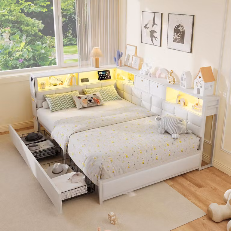 Letto imbottito UnboxG, 140x200 cm, bianco, letto matrimoniale con 2 cassetti, illuminazione LED RGB, porte USB e Type-C, testiera reversibile (montabile a sinistra o a destra)