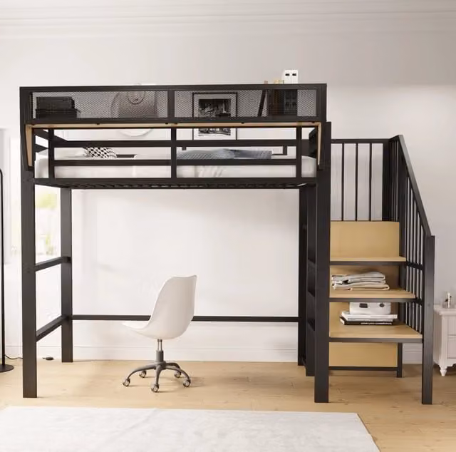 Letto a soppalco 90x200 cm in metallo con scaletta di sicurezza e ripiano flessibile; nero